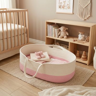 Déco avec notre Couffin pour bébé fille en corde de coton tressé rose et blanc