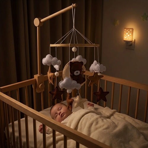 Dodo avec notre mobile pour bébé en bois et tissu pour chambre garçon