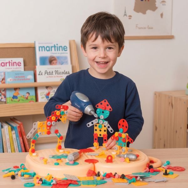 Enfant souriant jouant avec notre boîte à outils Montesorri BricoBoxKid™