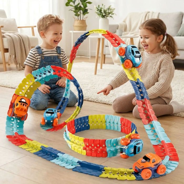 Enfants souriant jouant avec notre circuit voiture enfant Changeable Track