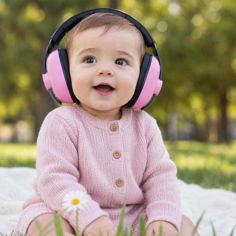 Fillette assise avec notre Casque anti bruit bébé à bandeau souple réglable rose