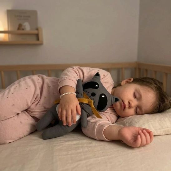 Fillette endormie avec notre doudou Raccoon