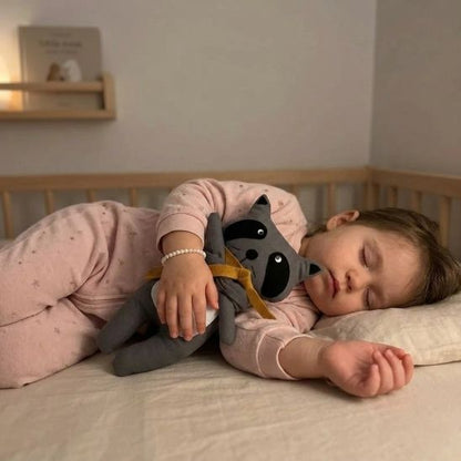 Fillette endormie avec notre doudou Raccoon