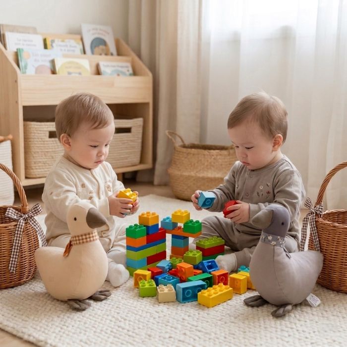 Jumeaux jouant près de notre Doudou Canard