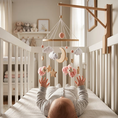 Le bébé jouant avec notre mobile pour bébé Étoiles Mouton