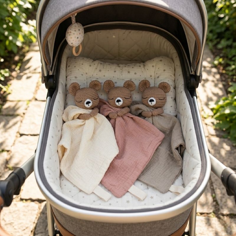 Les 3 variantes de notre doudou Ourson Rêveur dans une poussette