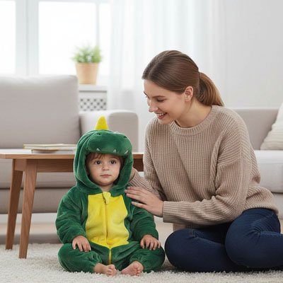 Maman ajustant notre Déguisement bébé Dinosaure