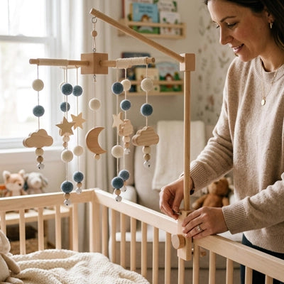 Maman ajustant notre mobile lit bébé en bois naturel - Thème croissant de lune étoilé bleu