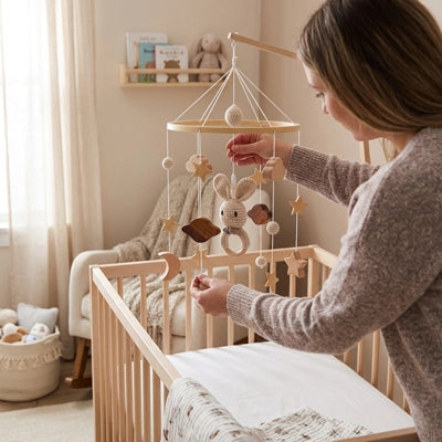 Maman ajustant notre Mobile lit bébé TinyCosmos™ Lapin