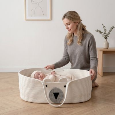 Maman bercant bébé allongé dans notre couffin bébé cadeau de naissance motif Ourson blanc cassé
