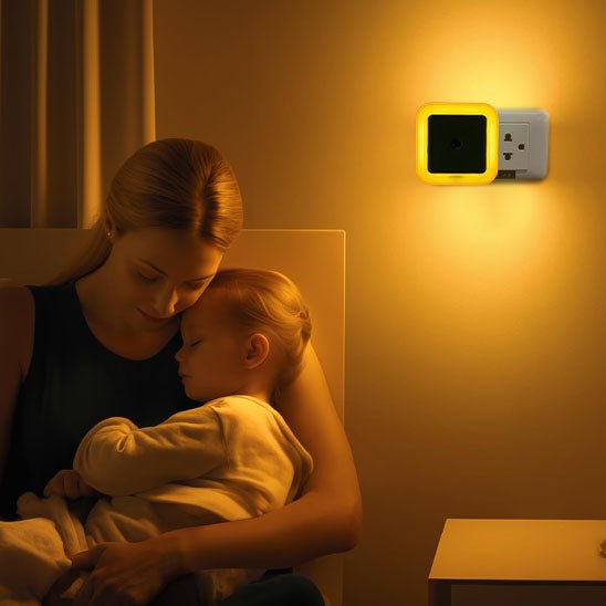 Maman berçant bébé avec notre veilleuse bébé LightControl