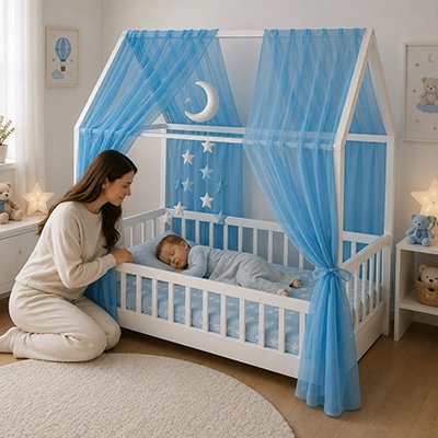 Maman berçant bébé endormi sous notre ciel de lit cabane bleu Auvent de lit 2 pièces