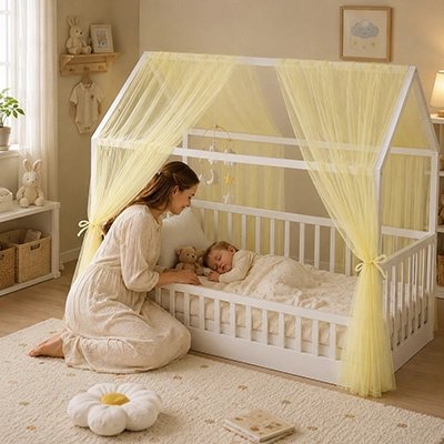 Maman berçant bébé endormi sous notre ciel de lit cabane jaune Auvent de lit 2 pièces