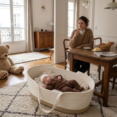 Maman buvant le café et bébé endormi dans notre couffin artisanal en coton doux