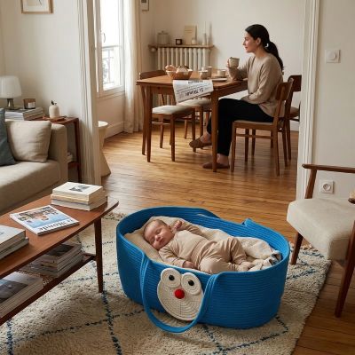 Maman buvant un café et bébé dormant dans notre Couffin bébé Cadeau de naissance artisanal et original