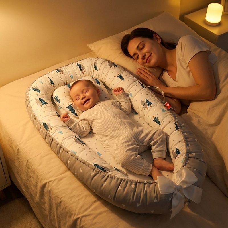 Maman endormie en cododo avec bébé dans notre réducteur de lit bébé Cocon Sapin gris