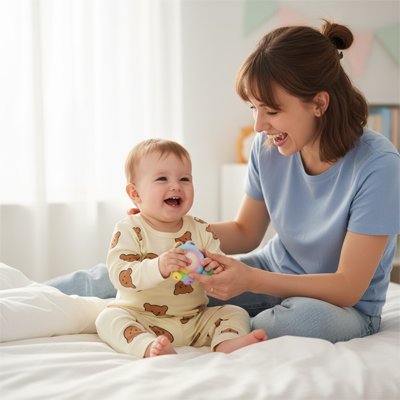 Maman et Bébé assis avec notre Pyjama bebe Crème