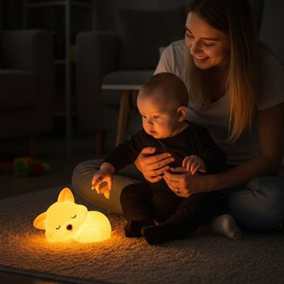 Maman et bébé avec notre veilleuse bébé FoxNightLight™