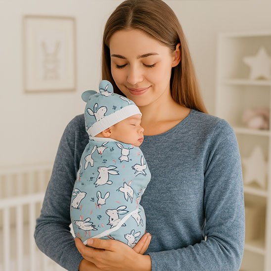Maman et bébé avec une Couverture emmaillotage lapin bleue
