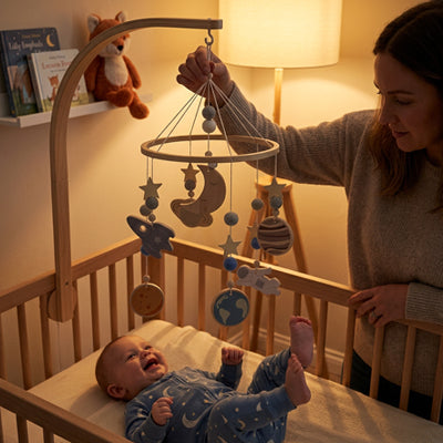 Maman et bébé s'amusant avec notre mobile bébé astronaute volant