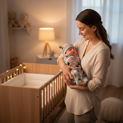 Maman heureuse avec la Couverture emmaillotage bébé Sapins