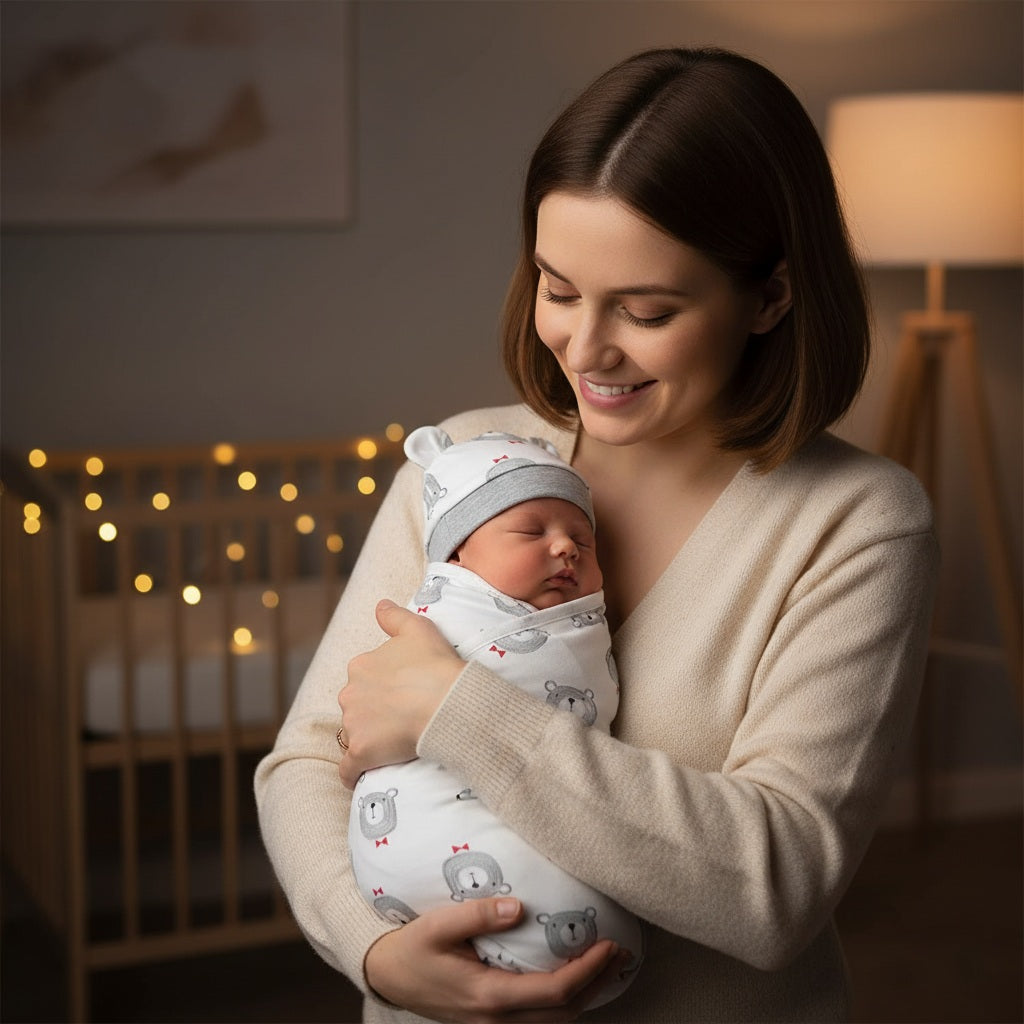 Maman heureuse avec la Couverture emmaillotage Câlin d'Ours