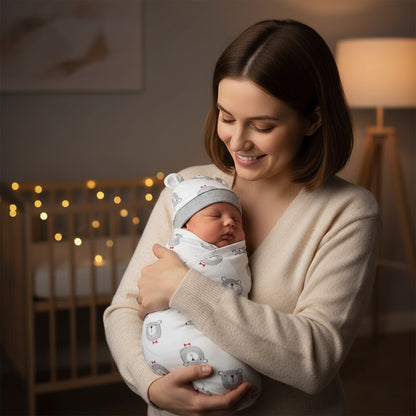 Maman heureuse avec la Couverture emmaillotage Câlin d'Ours