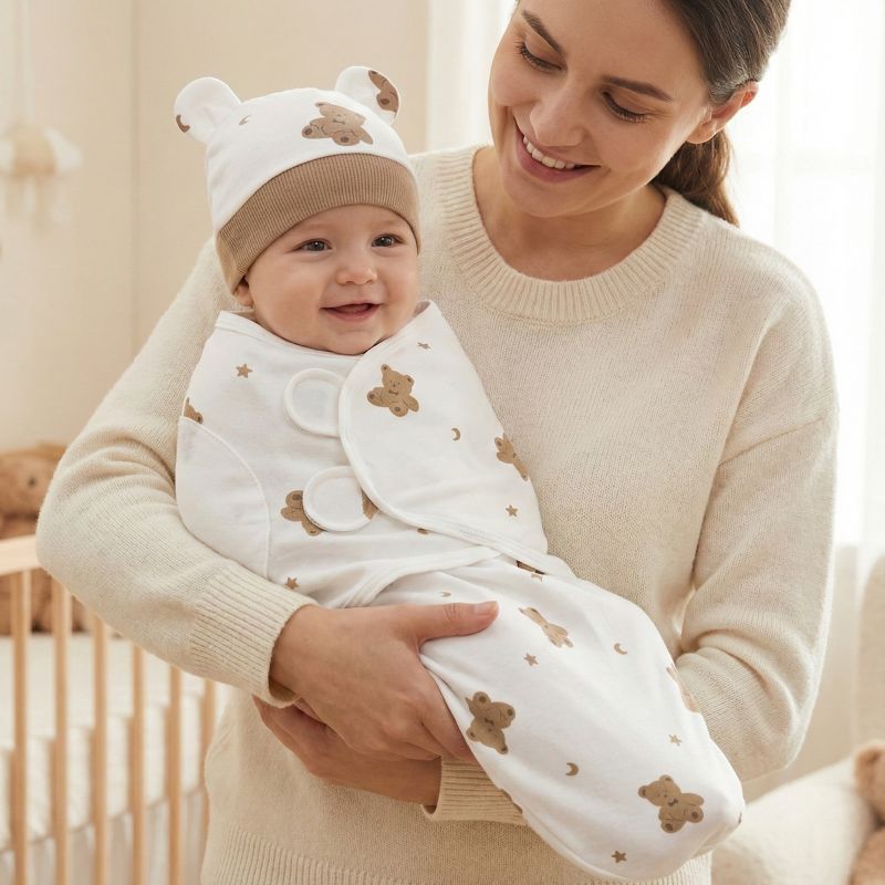 Maman heureuse avec la couverture emmaillotage Ourson Douillet