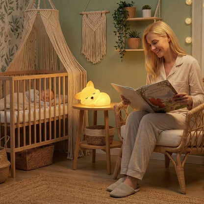 Maman lisant une histoire à bébé avec notre veilleuse bébé FoxNightLight™