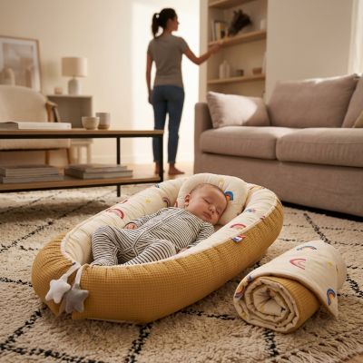 Maman nettoyant et bébé endormi dans notre réducteur de lit Rainboow™