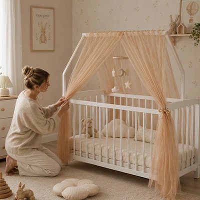 Maman nouant notre ciel de lit cabane caramel Auvent de lit 2 pièces