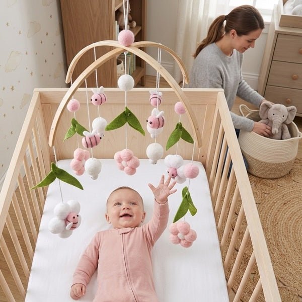 Maman range avec bébé captivé par notre mobile bébé - Le ballet des abeilles