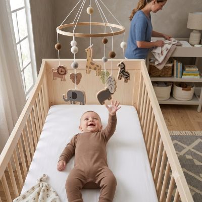Maman rangeant avec bébé captivé par notre suspension lit bébé Animaux Safari