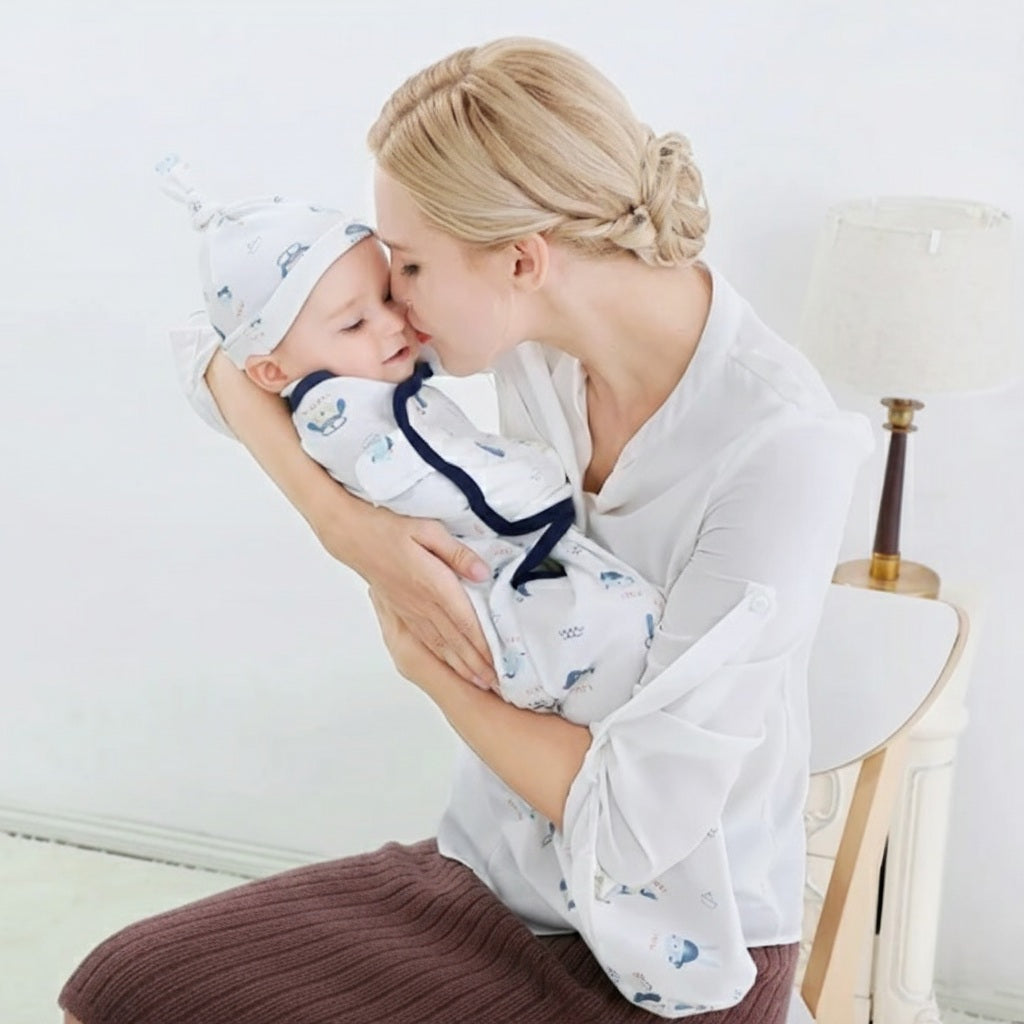 Maman sereine avec notre Couverture d'emmaillotage Aventure de pirates