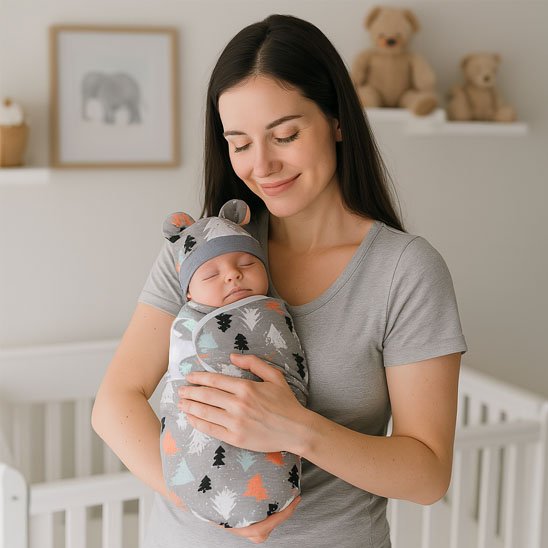 Maman soulagée avec la Couverture emmaillotage bébé Sapins