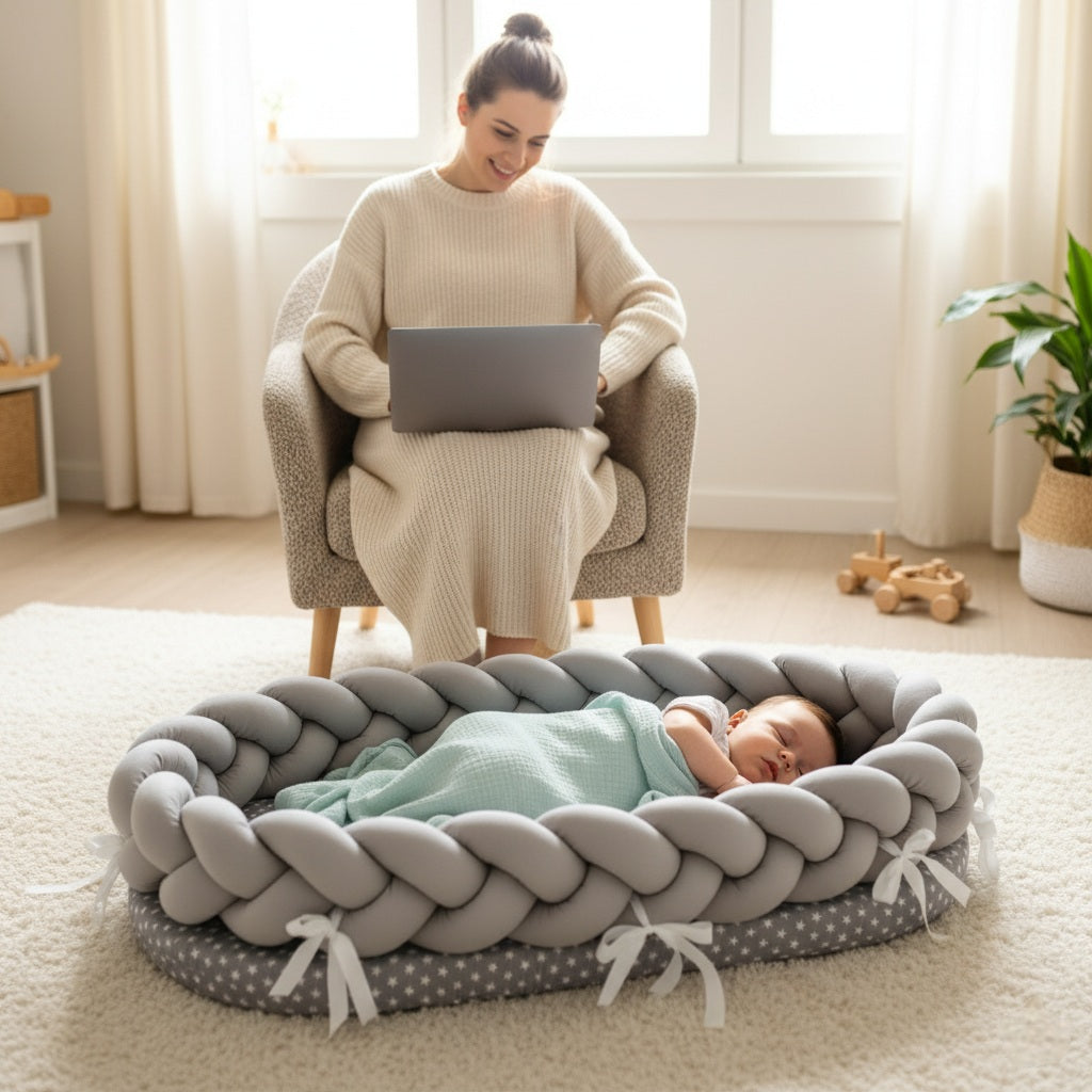 Maman travaillant avec bébé allongé dans notre Réducteur de lit bébé tressé gris STARRYBABYNEST™