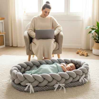Maman travaillant avec bébé allongé dans notre Réducteur de lit bébé tressé gris STARRYBABYNEST™