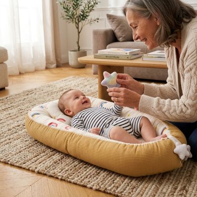 Mami jjouant avec bébé allongé dans notre réducteur de lit Rainboow™