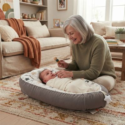 Mami jouant avec bébé allongé dans notre réducteur de lit Starmony™
