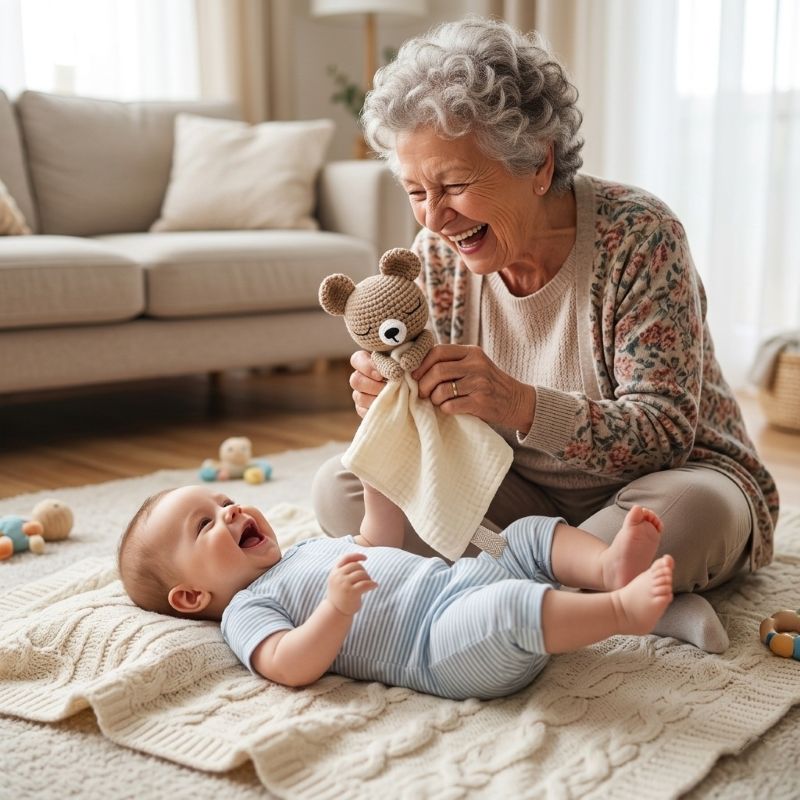 Mamie et bébé jouant avec notre doudou Ourson Rêveur