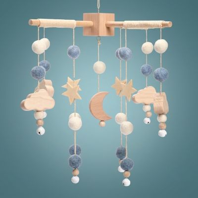 Mobile lit bébé en bois naturel - Thème croissant de lune étoilé bleu