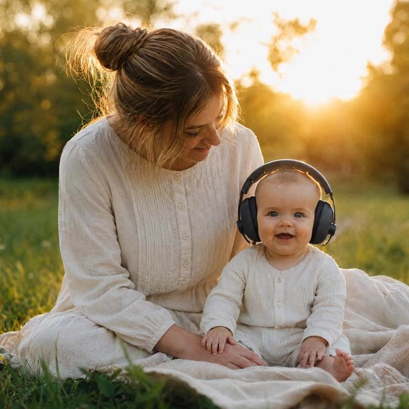 Notre Casque anti bruit bébé à bandeau souple réglable porté par un bébé noir