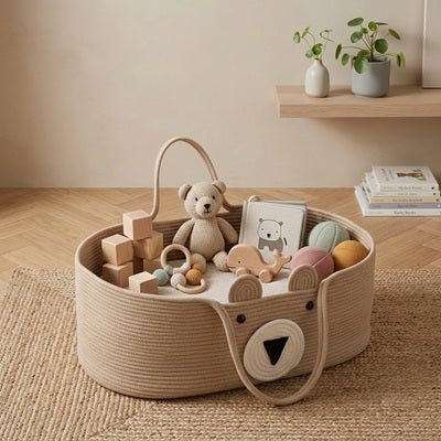 Notre couffin bébé cadeau de naissance motif Ourson marron comme sac de rangement