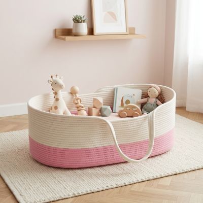 Notre Couffin pour bébé fille en corde de coton tressé rose et blanc contenant des jouets