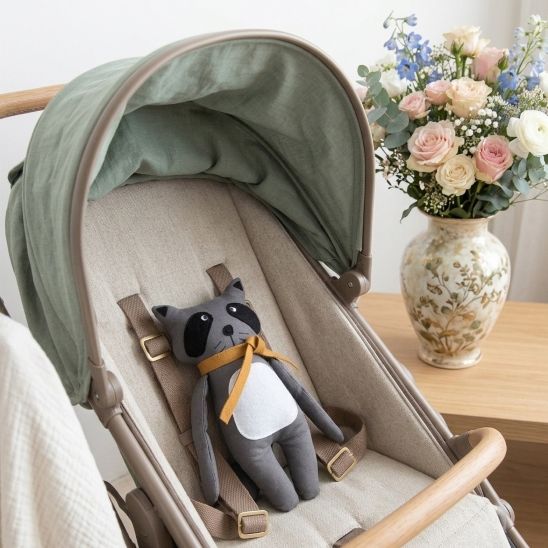 Notre doudou Raccoon dans une poussette
