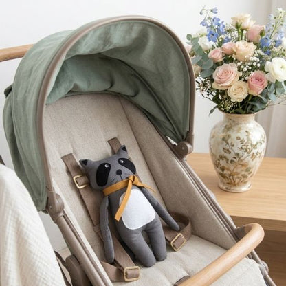 Notre doudou Raccoon dans une poussette