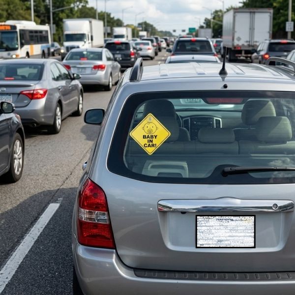 Notre panneau voiture "Baby in Car" sur une voiture dans le trafic