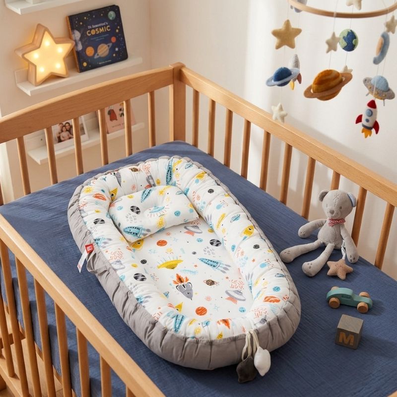 NOTRE REDUCTEUR DE LIT BEBE GALAXY DANS UN LIT A BARREAUX