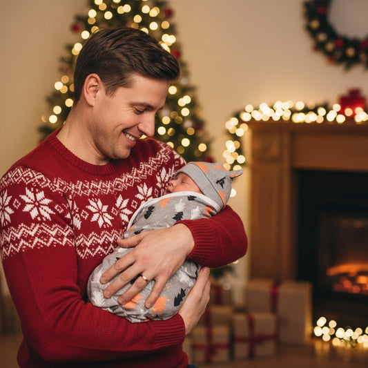 Papa savourant Noël avec les bienfaits de la Couverture emmaillotage bébé Sapins