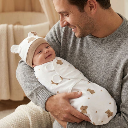 Papa serein avec la couverture emmaillotage Ourson Douillet